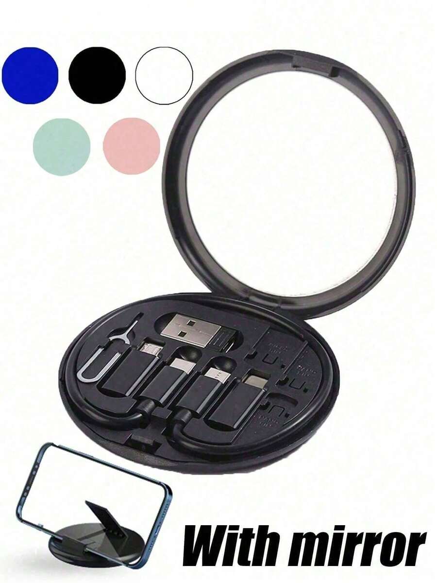 五合一多功能数据线套装，带充电收纳盒，支持60W快充，可用作手机支架，简易便携式充电线适配器套装，USB Lightning适配器套装，大学宿舍必备，旅行必备，旅行配件，旅行必备品，海滩度假，暑假，学校用品，返校用品，收纳盒，男女通用，充电器包 - 彩色 - 查看 1