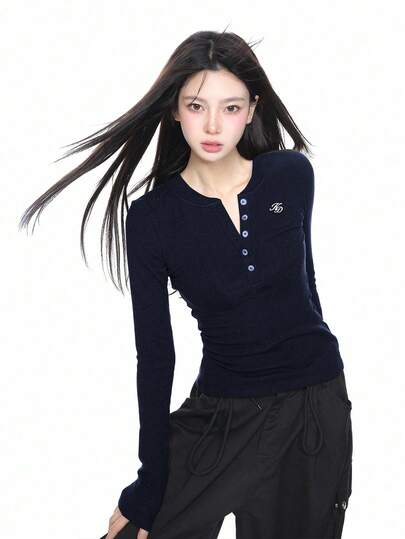 여성을 위한 미국 섹시 V넥 긴소매 니트 티셔츠, 슬림핏, 플래터링 숄더, 립 니트 풀오버 탑, 봄/가을