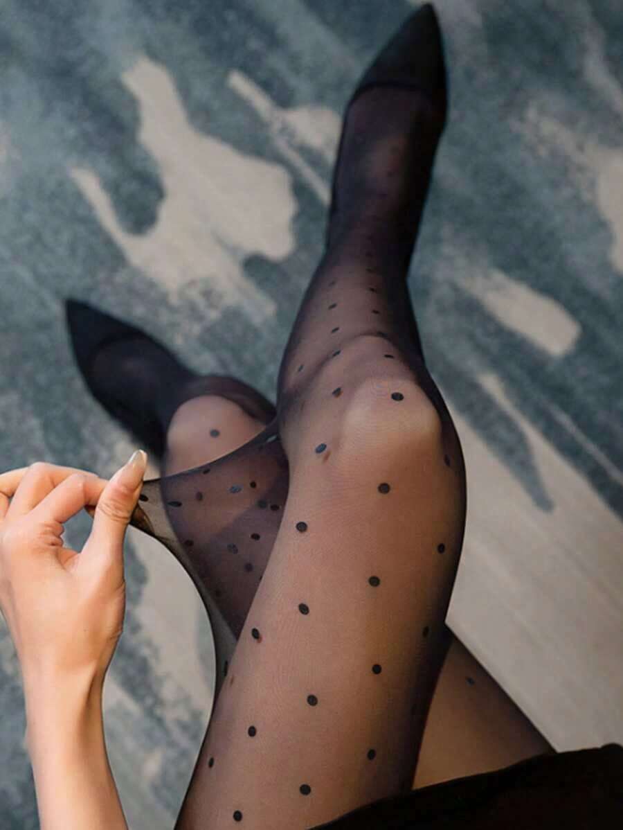 Polka Dot Print Tights - 黑色 - 查看 1