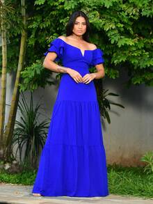 Long Off-The-Shoulder Dress With Ruffles, V-Neckline, Elegant, Charming Sleeves - Royal Blue - View 2