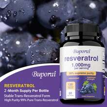 BUPORAI Resveratrol 1000 Mg: Antienvejecimiento, Cabello, Piel Y Uñas Saludables, Salud General Y Cardíaca, Mejora La Respuesta Inmunitaria - 120 Unidades - Una botella - Etapa de prueba - Ver 4