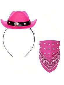 2pcs Cowboy Hat Headband Cowgirl Mini Hat Headbands With Bandana For Women Halloween Birthday Party Favor