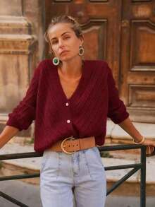 New Solid Color Cardigan Long Sleeve Knitted Sweater Jacket, Autumn/Winter - Burgundy - View 3