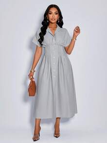 Amarilo 女式夏季休闲条纹褶皱衬衫短袖收腰中长连衣裙 - 黑色 - 查看 5