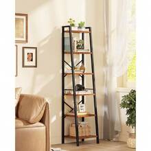 6 Tier Ladder Shelf Bookcase, Tall Ladder Bookshelf Narrow With 2 Hooks, Industrial Metal Wooden Shelf Free Standing, Skinny Bathroom Shelves For Bedroom Living Room Kitchen, Rustic Brown,23776188 - 黑色 - 查看 2