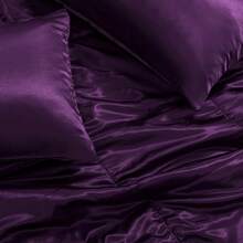 3-Piece Reversible Queen Size Silky Comforter Set/Bedding Set, Luxury Soft Satin Comforter With 2 Satin Pillowcases, Lightweight Duvet Set For All Seasons, Black - 紫色 - 查看 6