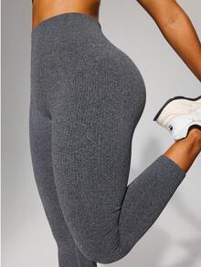1pc High Waist Ribbed Yoga Leggings, Suitable For Hiking, Outdoor Activities, Sports And Casual Wear Spring - Brown - View 4