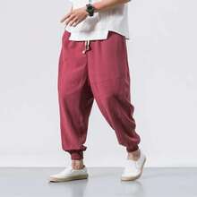 Nueva marca de pantalones harem oversize para hombres, pantalones de lino chinos, pantalones casuales sueltos de alta calidad para hombres - Gris - Ver 5