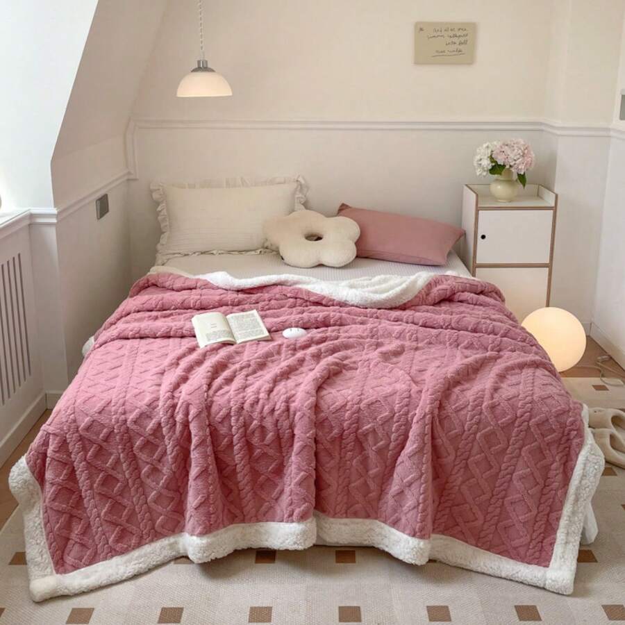1pc Reversible Bed Blanket/Sofa Throw - Thickened All-Season Geometric Rhombus Pattern Blanket, Black Comfortable Blanket, Machine Washable, Suitable For Bed, Sofa Or Home Decor, Multi-Functional Comfortable Item, Textured Pattern, High-Quality Textile Back To School; School Supplies, Dorm Bedding - Pink - View 1