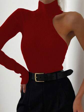 Solid Color Asymmetric Neckline Bodysuit