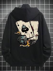 SU ER Men's Casual Card Print Hooded Sweatshirt With Pocket, Autumn/Winter - Black - View 4