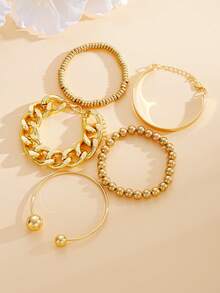 五合一复古朋克风格轻质 CCB 串珠手链、链式手镯、弹性圆盘手链套装，适合女性日常佩戴、派对、约会、度假、叠戴、节日礼物 - 金色 - 查看 4