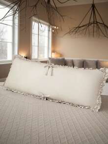 1pc Polyester Solid Color Knotted Ruffle Edge Long Bolster Pillow Cover (Pillow Insert Not Included), Pastoral Vintage Elegant Style, Bedroom & Room Decor, Ideal Gift, Decorative Lumbar Pillow - Beige - View 12