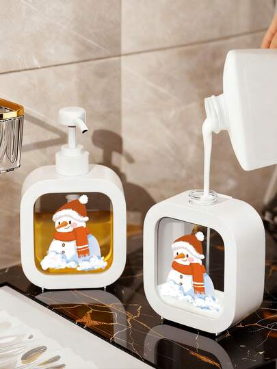 圣诞主题皂液器 - 雪人戴圣诞帽造型，可填充，适用于浴室和厨房，透明窗口方便添加皂液，圣诞装饰 - 兼容液体皂，厨房水槽配件，营造节日氛围，耐用塑料材质