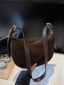 Modische und vielseitige Damen Halbmond-förmige einfache und lässige Schultertasche und Umhängetasche, mit Reißverschluss, aus Wildleder und Leder Materialmix, verstellbarer Schultergurt, geeignet für Pendeln, Einkaufen, Reisen und Ausgehen.