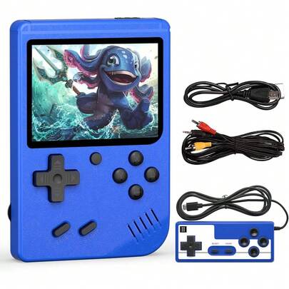 A Two-Player 500-In-1 Handheld Game Console, Portable, Comes In Dark Blue With A Blue And White Controller Remote, An AV Cable, And A Charging Cable. Perfect As A Birthday Or Christmas Gift.