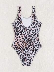 Áo tắm liền thân in hoa và họa tiết da báo dành cho bé gái tuổi teen - Cà phê nâu - Xem 5