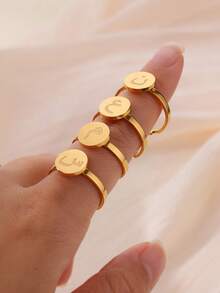 1pc Minimalist Arabic Letter Ring, Arabic Style, 18K Gold Plated Stainless Steel Adjustable Open Ring, Arabic Fashion Jewelry, Islamic Gift, Gold Ring, Women's Accessory - Yellow Gold - View 2