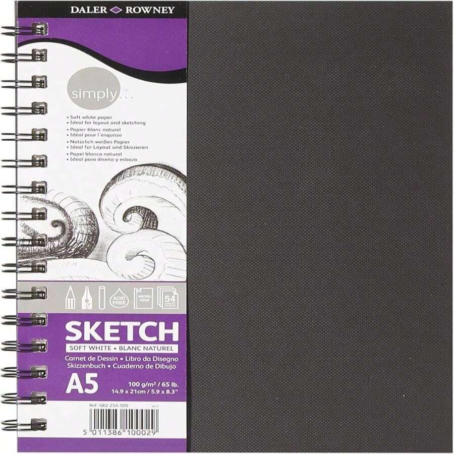 Daler-Rowney Simply Medium Grain 100gsm A5 Hardback Spiral Bound Sketchbook, 54 Soft White Sheets, Ideal For Entry-Level Artists &Amp; Hobbyists