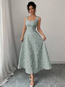 Vestido jacquard elegante e requintado com alças largas, textura floral, comprimento médio justo, estilo casual para férias - Verde - Visão 7