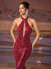 AOSHABABI 上衣 “独家亮片”镂空美人鱼下摆长款修身华丽女士晚礼服（加厚款），适合各种正式场合，如音乐节、晚宴、婚礼宾客、节日派对、毕业舞会、鸡尾酒会、约会、度假以及伴娘礼服。春季派对 - 酒紅色 - 查看 9