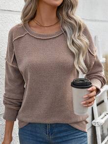 Women's Ribbed Knit Dropped Shoulder Long Sleeve Top, Crew Neck Solid Color Pullover Sweater, Casual Versatile Long Sleeve Shirt For Autumn/Winter, Suitable For Daily/Commute Wear