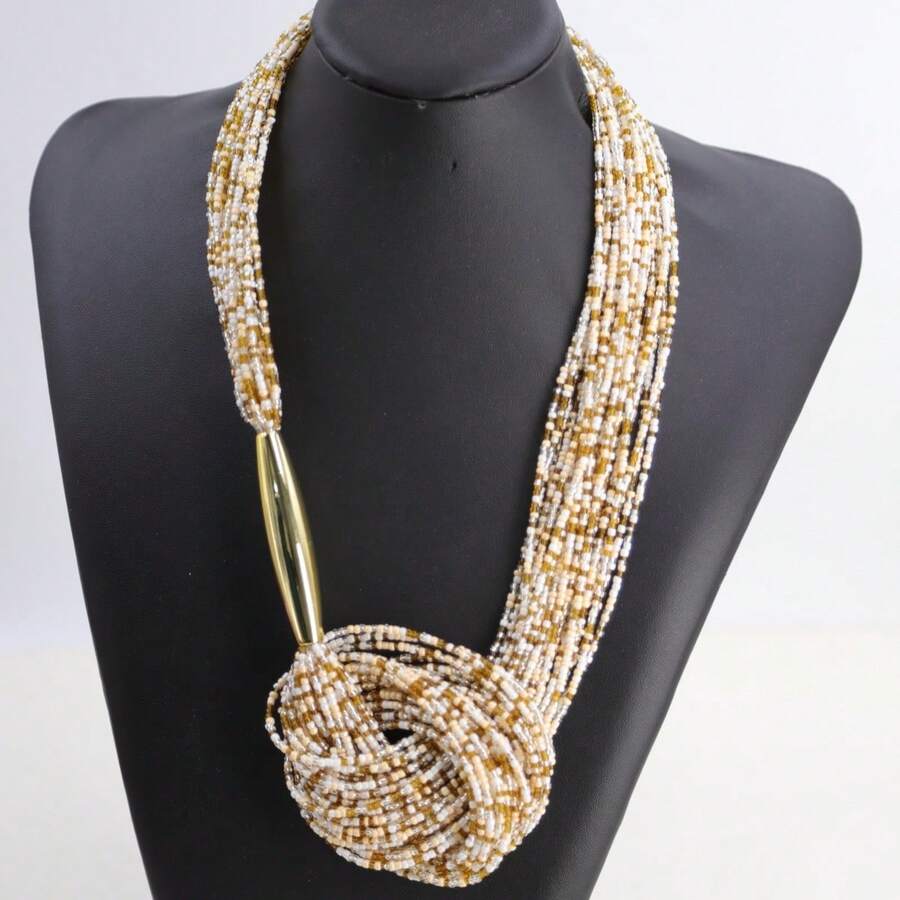 1 件时尚金管结黑色珠多层项链，波西米亚风格 - 多色米色 - 查看 1