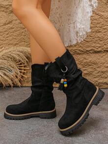 بوت نسائية موضة، بوت سميكة الأربطة، بوت كاحل غربية بلون واحد مزينة بالخرز، للعطلات