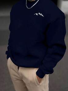 Men's Casual Printed Crew Neck Pullover Sweatshirt, Streetwear Fashion, Spring/Autumn - Navy Blue - View 1