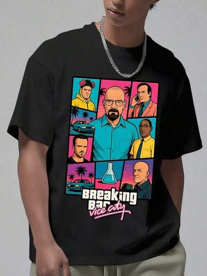Camiseta gráfica de manga corta con cuello redondo, estilo Breaking Bad, suave y cómoda, moda urbana para todas las estaciones, ropa casual de calle |   Camiseta de cuello redondo