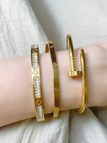 3pcs/1pc Fashion 18K Gold Plated Stainless Steel Four-Leaf Clover Nail Bracelet, Suitable For Women's Party, Daily Wear, European And American Style, Personalized, Generous, Luxury Cubic Zirconia Wristband, Wedding Jewelry Set, Gift For Girls, Women, Relatives, Friends, Beautiful Wedding, Birthday, Valentine's Day