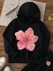 2件套女童碎花印花保暖连帽衫和裤子套装，秋冬季儿童保暖长袖卫衣和裤子，柔软舒适的少女连帽套装，展现她们的个性 - 黑色 - 查看 2