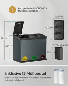 Mülleimer Küche, Mülltrennsystem 3 Fächer, Abfalleimer, 45 Liter Treteimer aus Metall, 3 x 15 Liter, Tretmülleimer mit Deckel, Stahl - Grüngrau-Tintenschwarz - Übersicht 5