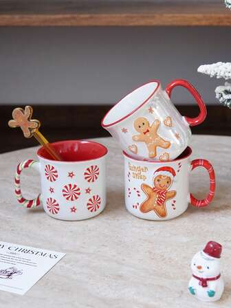 1pc Christmas Gingerbread Man Ceramic Mug, Bowtie Biscuit, Christmas Candy, Snowflake Delicate Espresso Cup, Small Espresso Cup, Large Water Cup, Suitable For Christmas Decorations, Party Beverage Cups, Home Daily Water Cups, Gift Present