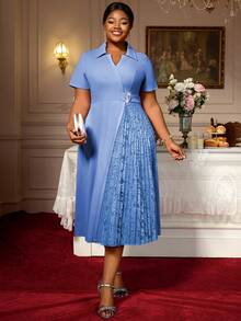 Blaues A-Linien-Kleid mit Umlegekragen, Spitzeneinsätzen, kurzen Ärmeln, für Büro, Business, Party und Mode für Frauen mit Kurven - Babyblau - Übersicht 7