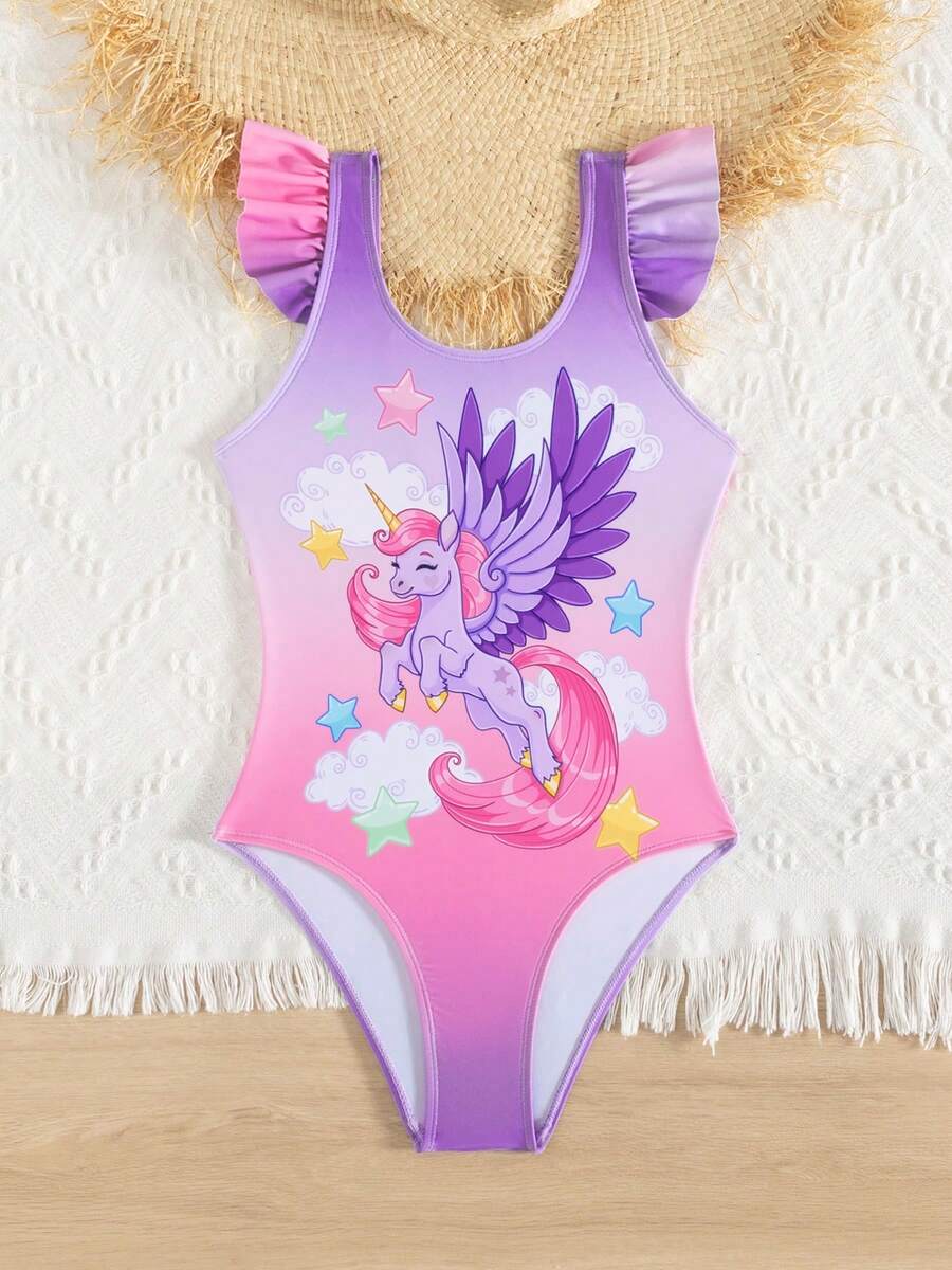 少女渐变荷叶袖可爱连体泳衣 - 淡紫色 - 查看 1
