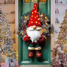 1 Stück beleuchteter Weihnachtsmann mit Schneekiefer Weihnachtskranz, festlicher Weihnachtsstil künstlicher Grünkranz mit LED-Beleuchtung und roten Beeren Details, Türkranz Dekoration für Weihnachten Zuhause, Feiertags-Party Ornament, Winterliche Saison Dekoration