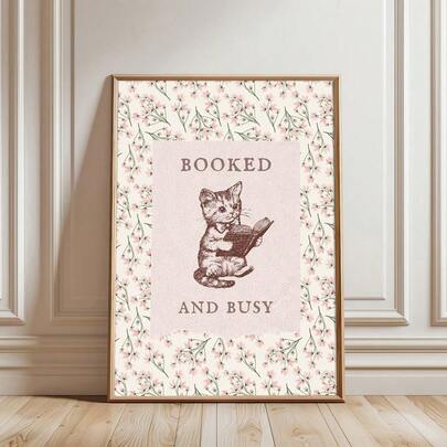 1pc Unframed Cute Cat Booked And Busy Poster Antique Floral Bookish Nursery Wall Art Canvas Print Minimalist Reading Nook Aesthetic Decor Vintage Painting For Book Lover Apartment,Living Room,Bedroom,Modern Home Decoration
