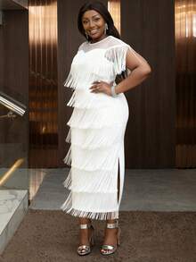 Áo kiểu nữ cỡ lớn màu trắng có tua rua, tay ngắn, đầm midi thanh lịch có tua rua thích hợp cho tiệc tùng mùa hè. - trắng - Xem 5
