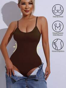 Shapewear Jumpsuit With Padded Bust, Tummy Control And Butt Lift, Ruched Bodycon Jumpsuit - Coffee Brown - View 5