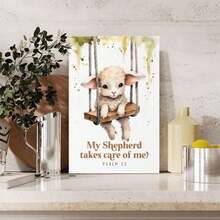 1pc Framed Canvas Wall Art Prints Poster, Psalm 23 Sheep Wall Art Nursery Boho Christian Nursery Wall Art Cute Christian Prints Children Bible Verse Art Posters Canvas Print Painting For Living Room Bedroom Office Bathroom Dorm Home Decor, Ready To Hang - 白色 - 查看 3