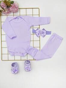 4 Piece Set Long Sleeve Bodysuit With Booties, Hairband And Ribbed Knit Pants / Baby Girl Set With Booties And Lilac Hair Bow - 紫丁香色 - 查看 1