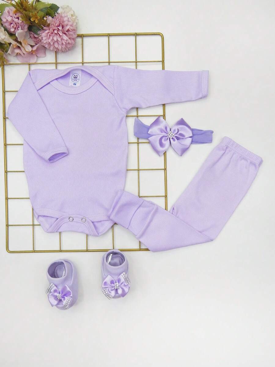 4 Piece Set Long Sleeve Bodysuit With Booties, Hairband And Ribbed Knit Pants / Baby Girl Set With Booties And Lilac Hair Bow - 紫丁香色 - 查看 1