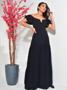 Long Off-The-Shoulder Dress With Ruffles, V-Neckline, Elegant, Charming Sleeves - negro - Ver 2