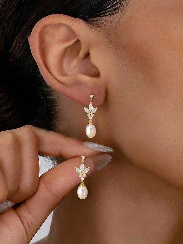 Pendientes de perlas para mujeres, pendientes de mujer delicados chapados en oro de 14K/plata con circonita cúbica, pendientes colgantes con perlas, joyas sencillas de uso diario, regalos