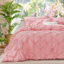 Pink King Size Comforter Set - 3 Pieces Boho Pintuck Lightweight Soft & Warm Bedding Set With 2 Pillowcases For All Season,  Design - 粉色 - 查看 11