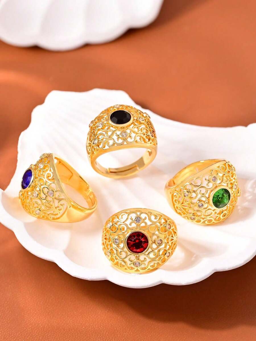 Anel vintage de cobre com zircônia sintética e design geométrico clássico, em tom dourado, joia de luxo para mulheres, perfeito para casamentos, banquetes e celebrações do Ramadã, acessório para todas as estações, joia vintage.