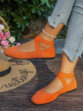 Plus Size Women's Mary Jane Shoes, New Spring/Autumn Fashion Retro Orange Square Toe Ankle Strap Flat Shoes, Casual Everyday Wear, Lightweight Comfortable Soft Ballet Flats