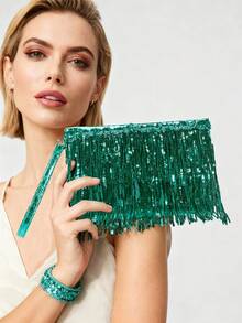 女士黑色亮片流苏手拿包、闪亮流苏晚装包、精致时尚的女士翻盖钱包，适合派对、约会、婚礼、礼物和购物。 - 彩色 - 查看 8