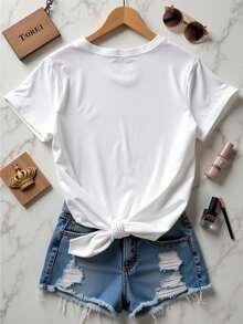 Camiseta casual para mujer con estampado de Reyes Magos y estrella, textura suave, ajuste holgado, cuello redondo, manga corta, primavera/verano, ideal para fiesta, playera - Blanco - Ver 2